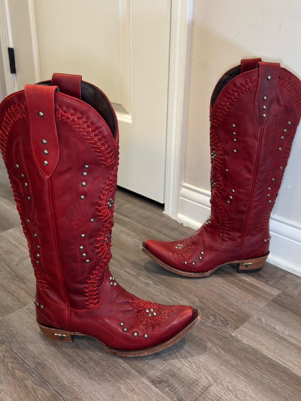 Lane Cosette Ruby Red Leather Studded Braided Western Boots